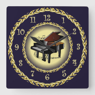 Piano ~ Musical Scroll ~ Gold/Navy Blue ~  ~  Square Wall Clock