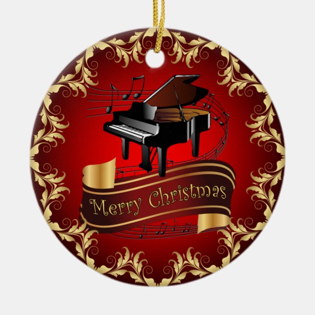 Piano ~ Musical Scroll ~ Merry Christmas ~ * ~  Ceramic Ornament (Front)