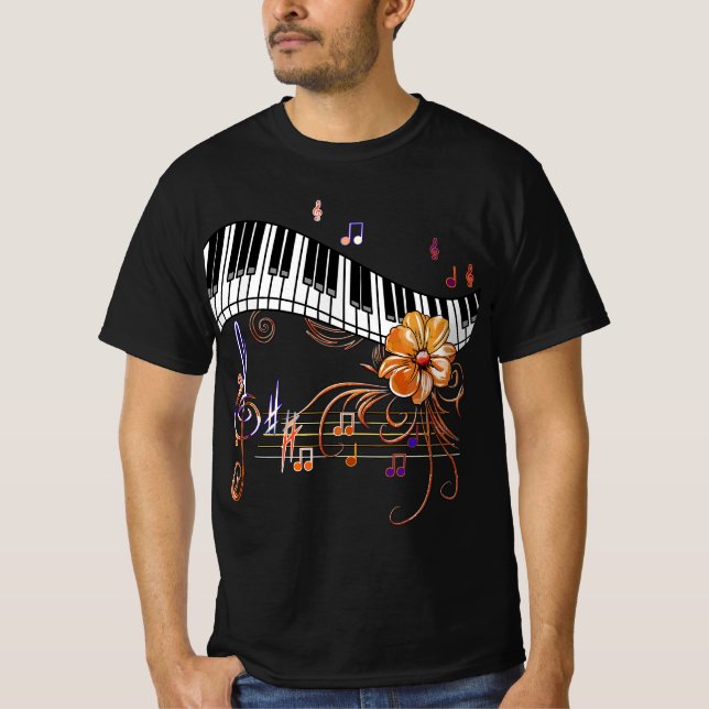 Piano Musically Keyboard Gold Flower  T-Shirt (Front)