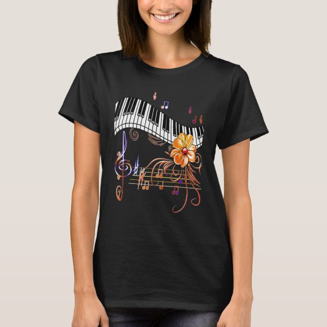 Piano Musically Keyboard Gold Flower T-Shirt (Front)