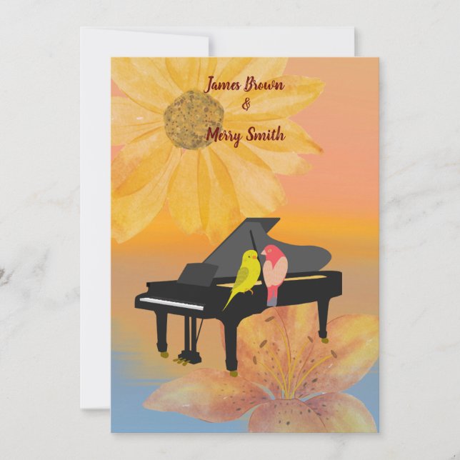 Piano Parrots Dreamy Flower Sunset Wedding Invitation (Front)
