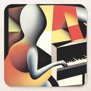 Piano Player - Airbrush Art Square Paper Coaster