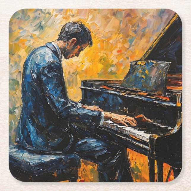 Piano Player - Oil Painting Square Paper Coaster (Front)