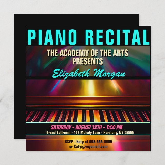Piano Recital Modern Colourful Fun Invitation (Front/Back)