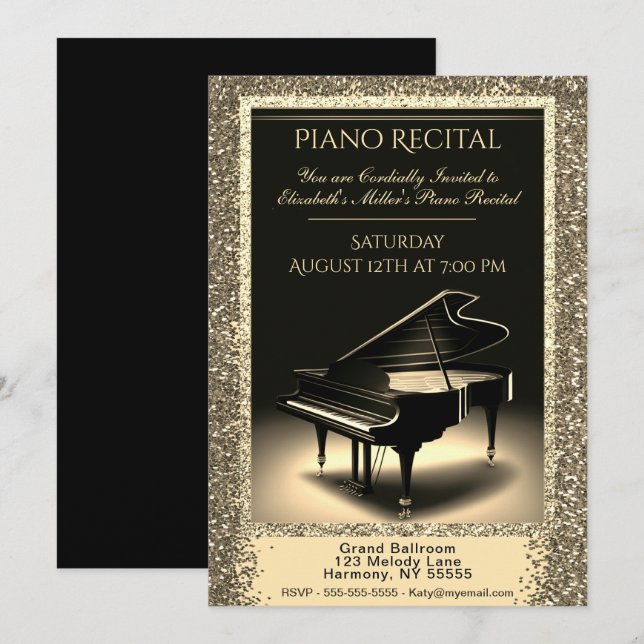 Piano Recital with Gold Glitter on Black Invitatio Invitation (Front/Back)