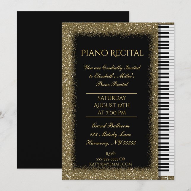 Piano Recital with Gold Glitter on Black Invitation (Front/Back)