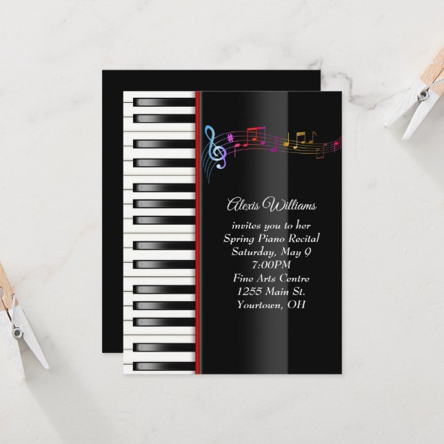Piano Recital With Rainbow Music Notes Invitation (Front/Back In Situ)
