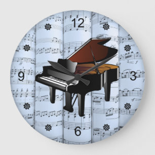 Piano ~ Rolled Sheet Music ~ Blue Tint Background  Large Clock