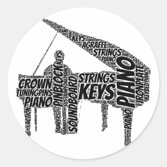 Piano Shaped Word Art Black Text Classic Round Sticker (Front)