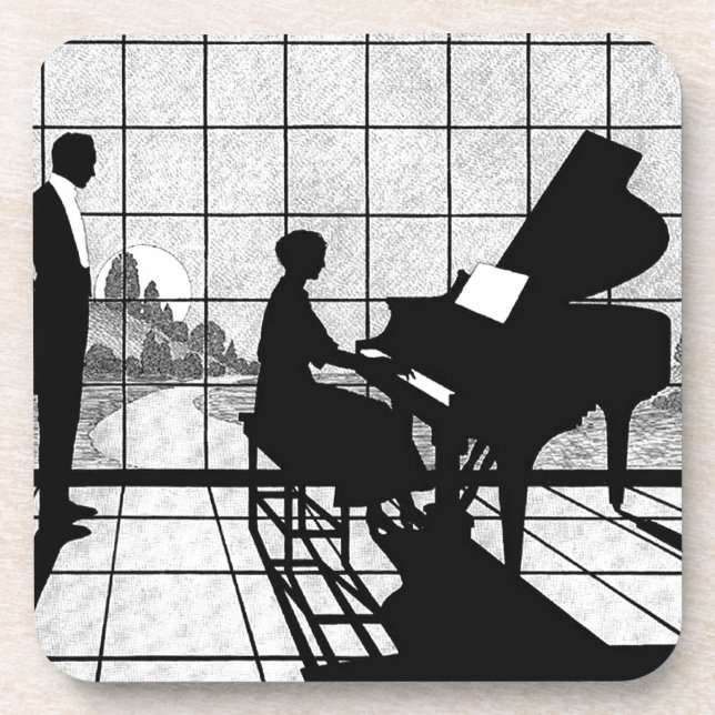 Piano Silhouette Art Deco Style | Black and White  Coaster (Front)