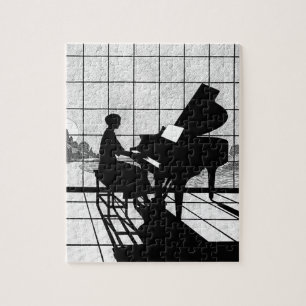 Piano Silhouette Art Deco Style   Black and White  Jigsaw Puzzle