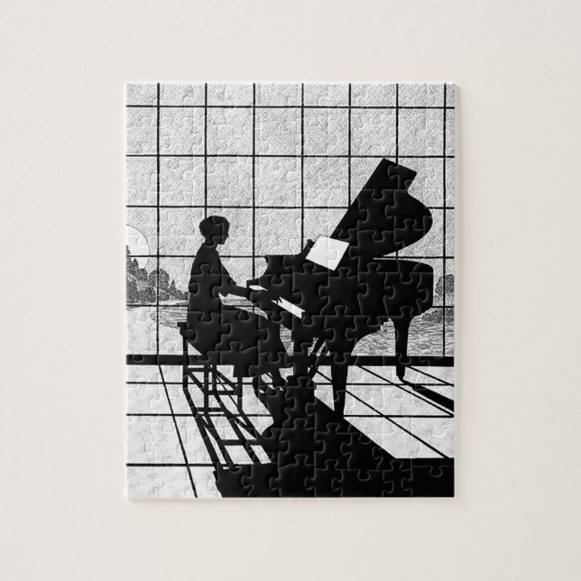 Piano Silhouette Art Deco Style | Black and White  Jigsaw Puzzle (Vertical)