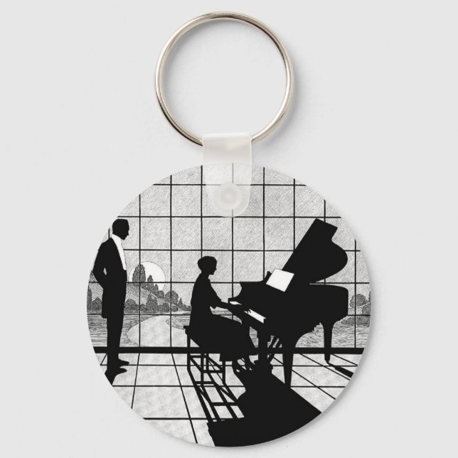 Piano Silhouette Art Deco Style | Black and White  Key Ring (Front)