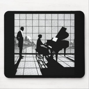Piano Silhouette Art Deco Style Black and White Mouse Pad
