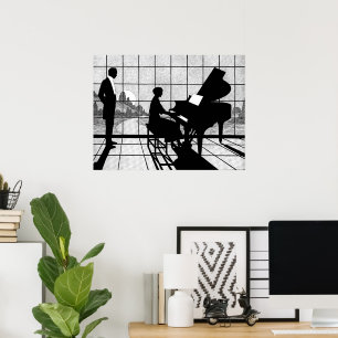 Piano Silhouette Art Deco Style Black and White Poster