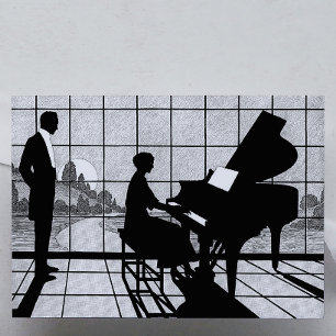 Piano Silhouette Art Deco Style Black and White Poster