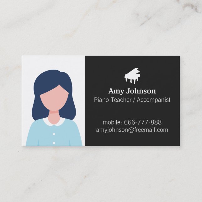 Piano Silhouette Music Teacher Photo Template Business Card (Front)