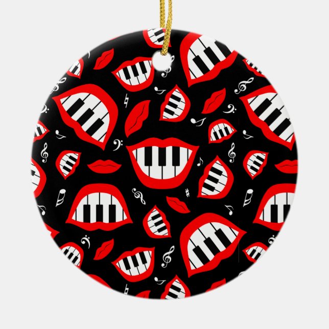Piano smile pattern on black background ceramic ornament (Front)
