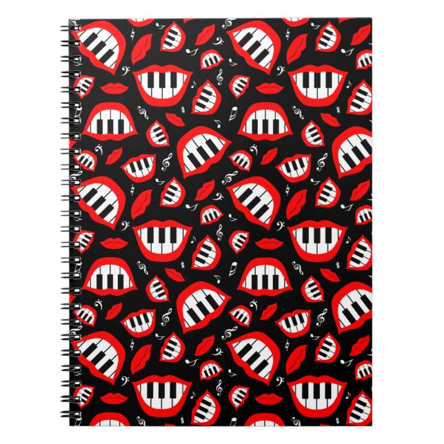 Piano smile pattern on black background notebook (Front)