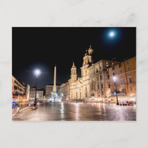 Piazza Navona at night under full moon - Rome Postcard