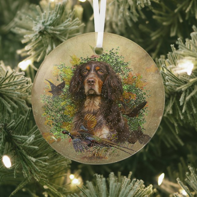 Picardy Spaniel , Hunting season   Glass Tree Decoration (Insitu)