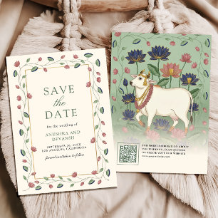 Pichwai Kamdhenu Cow and Lotus Indian Wedding Save The Date