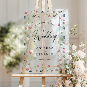 Pichwai Lotus Vine Border Indian Wedding Welcome Acrylic Sign