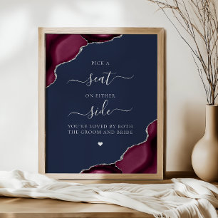 Pick a Seat Burgundy Agate Silver Navy Wedding Poster