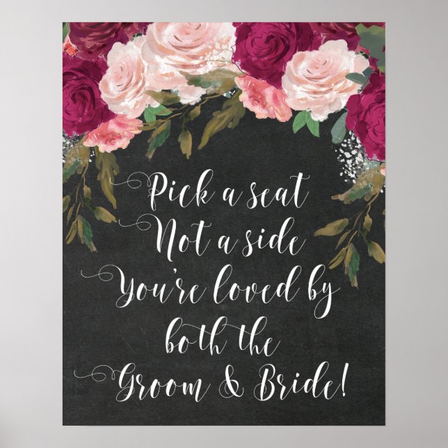 pick a seat not a side burgundy wedding sign (Front)