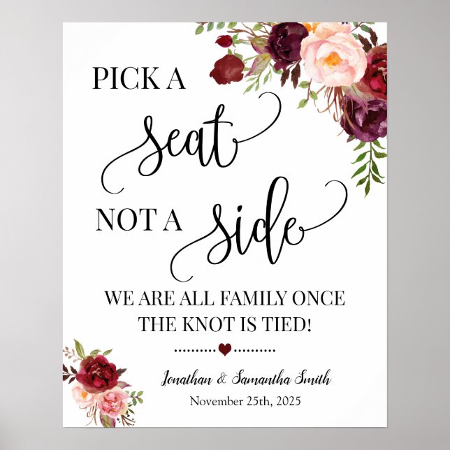Pick a seat not a side wedding ceremony marsala poster (Front)