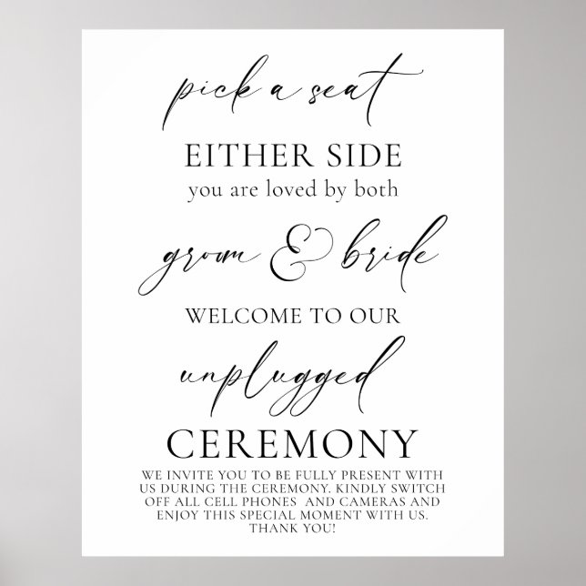 "Pick a Seat, Unplugged Wedding Ceremony Poster (Front)