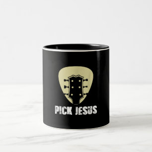 Pick Jesus Religious Musician Gift Idea Guitar Two-Tone Coffee Mug