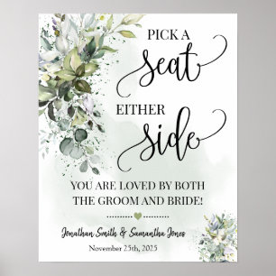 Pick seat either side wedding ceremony eucalyptus poster