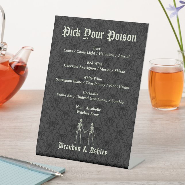Pick Your Poison Elegant Skeletons Bar Menu Pedestal Sign (In SItu)