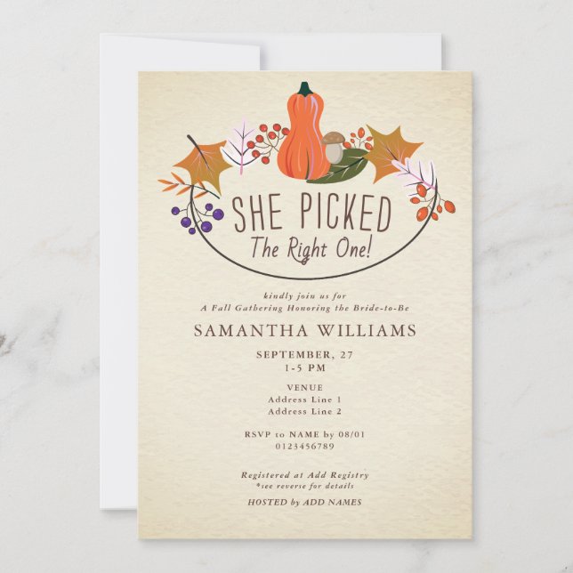 Picked the Right One - Fall Pumpkin Bridal Shower Invitation (Front)