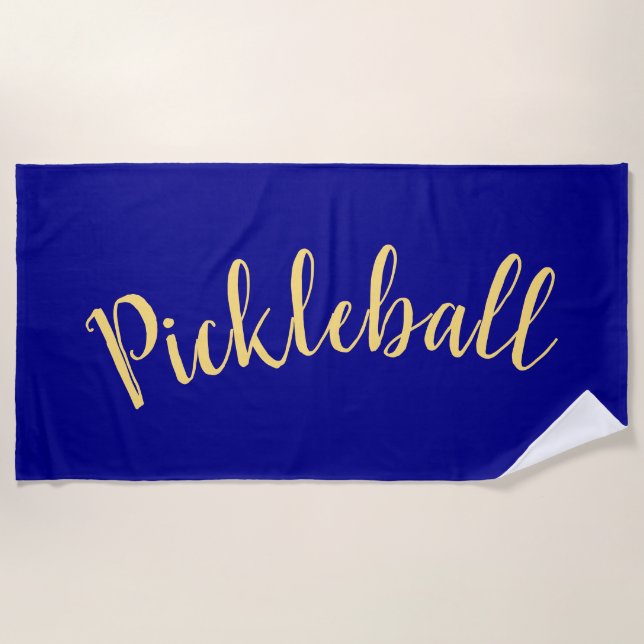 PICKELBALL Fun Script Royal Navy Blue Background Beach Towel (Front)