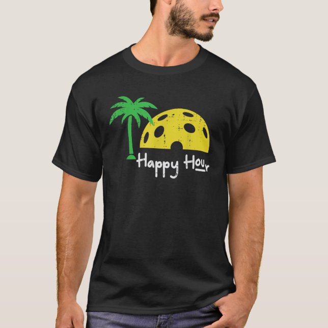 Pickle Ball Happy Hour Palm Tree Pickleball Men Wo T-Shirt (Front)