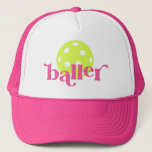 PIckle Baller Funny Pink Trucker Hat<br><div class="desc">Funny pickle baller pink trucker hat with bright yellow editable colours pickleball icon and "baller" in a trendy bouncy serif block font,  perfect for the pickleball player girl or woman.</div>