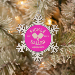 Pickle Baller Pickleball Collegiate Typography Snowflake Pewter Christmas Ornament