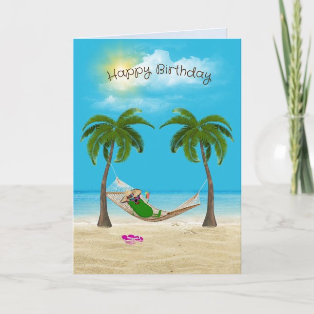 Pickle in Hammock on Beach Birthday Card (Front)