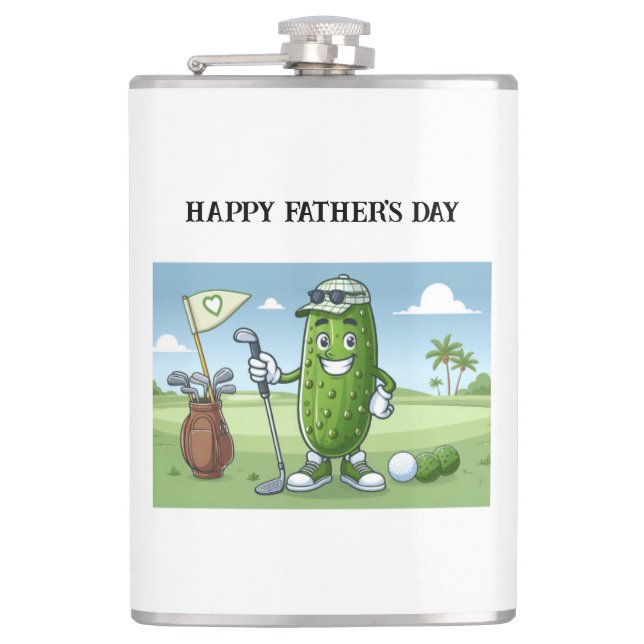 Pickle Playing Golf Father's Day Hip Flask (Front)