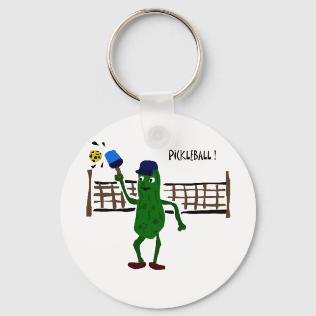 Pickle Playing Pickleball Primitive Art Key Ring (Front)