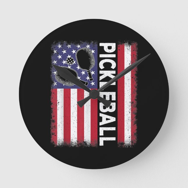 Pickleball American Flag Funny Pickleball Lover Vi Round Clock (Front)