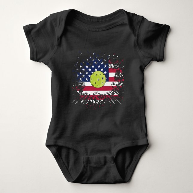 Pickleball American Flag US Racket Paddle Ball Baby Bodysuit (Front)