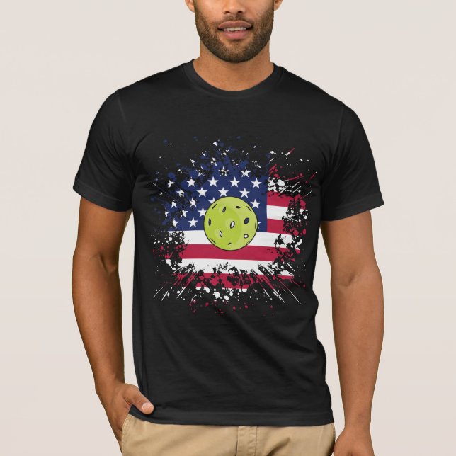 Pickleball American Flag US Racket Paddle Ball T-Shirt (Front)