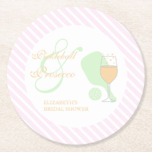 Pickleball and Prosecco Bridal Shower Round Paper Coaster