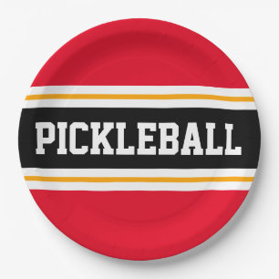 PICKLEBALL Athletic Bold Bright Red Black Stripes Paper Plate