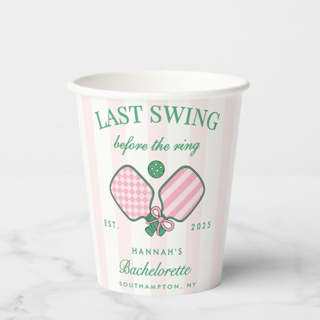 Pickleball Bach Cocktail Green & Pink Stripes Paper Cups (Front)