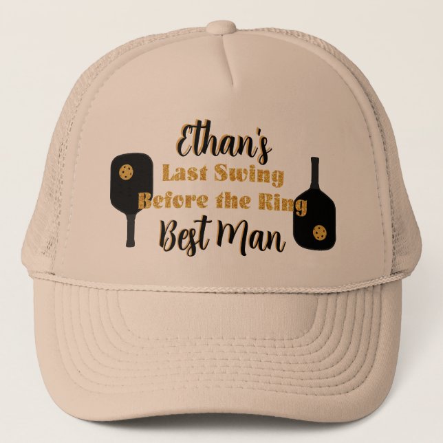 Pickleball Bachelor Party Black Gold Personalised Trucker Hat (Front)