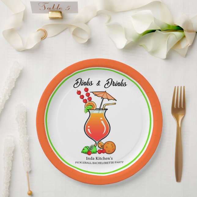 Pickleball Bachelorette Wedding Dinks & Drinks Paper Plate (Wedding)